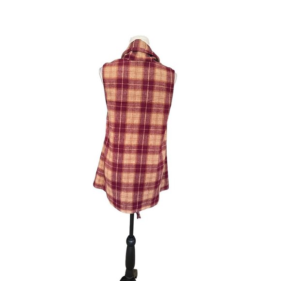 Entro Plaid Fringe Poncho Shawl Red Beige Sleeveless Vest Boho Western Size S - Picture 2 of 8